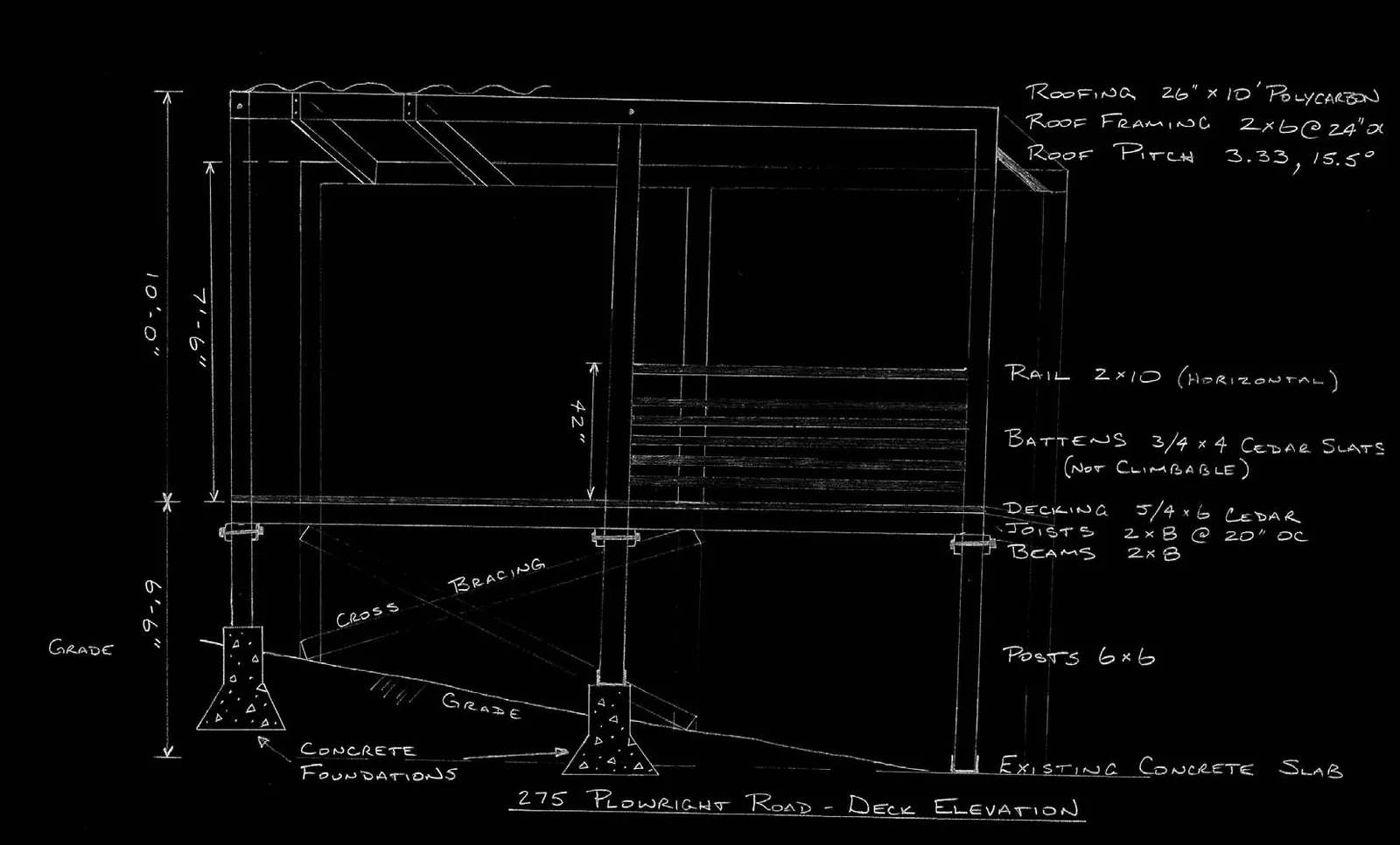 Technical drawing showing the side elevation of a deck structure with dimensions and component labels.