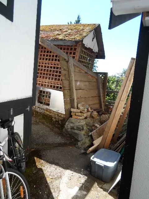 Photograph of the rear yard looking west, showing a bicycle, path, and side of a structure