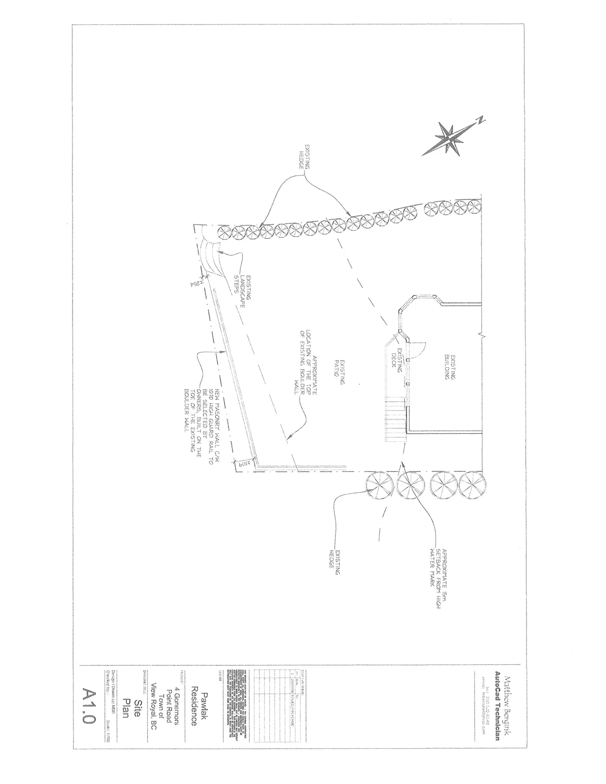 Site plan for 4 Gonemors Point Road showing the footprint of the existing building, deck, and patio, along with existing landscaping such as hedges and steps. The plan specifies the location of a proposed new masonry wall with a 1070mm high guard rail and indicates a 15m setback from the high water mark.