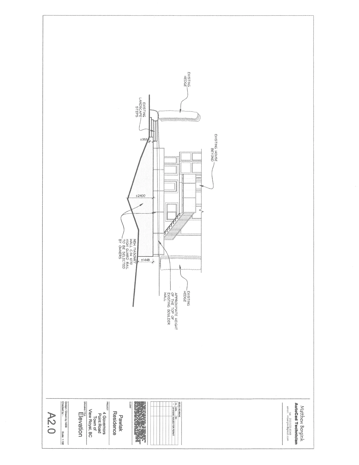 Architectural elevation drawing of the Pawlak Residence featuring an existing house, hedges, landscape steps, and a proposed new masonry wall with a 1070 high guard rail. Dimensioned heights are shown for various sections of the wall and terrain.