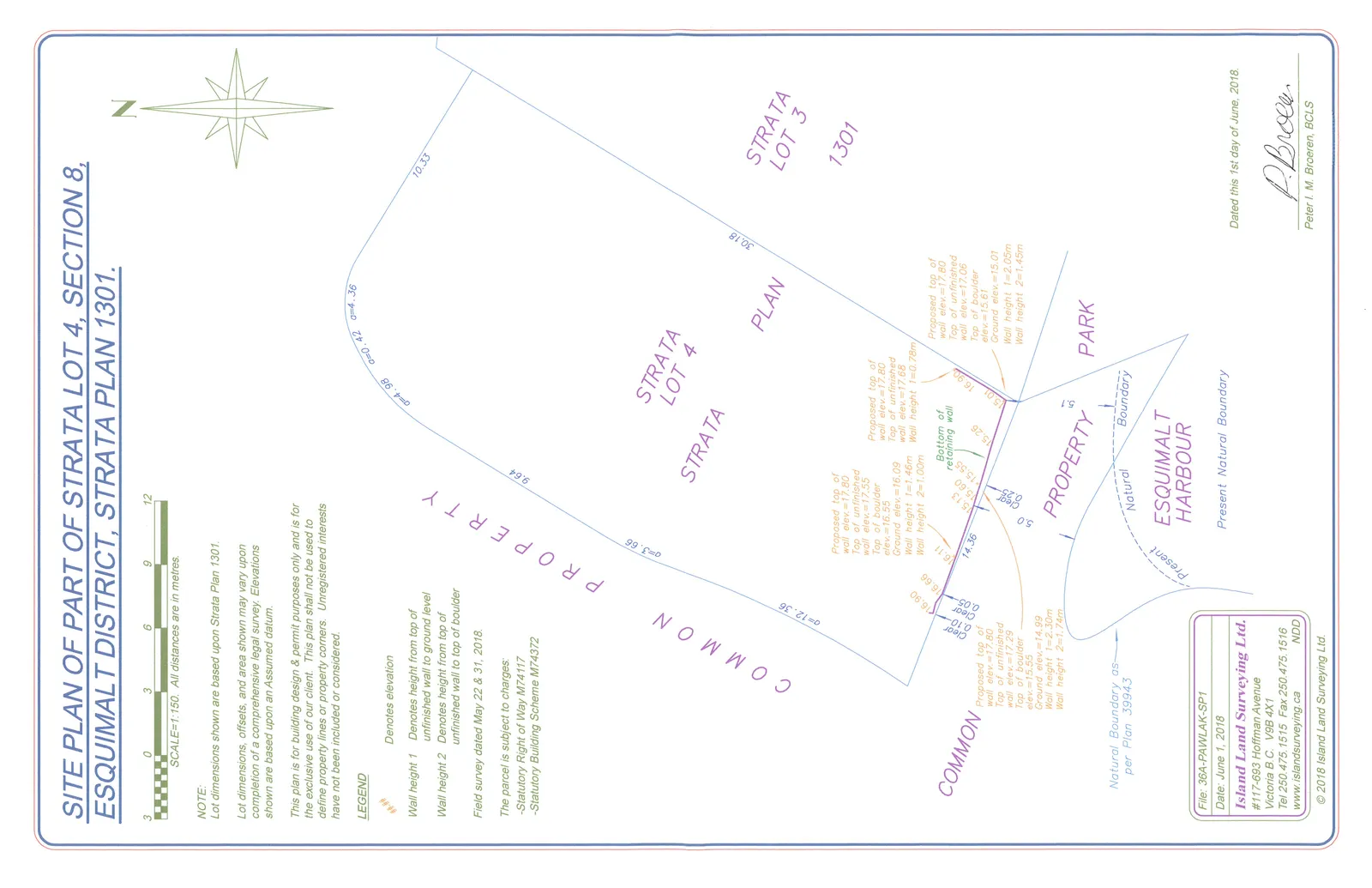 Site plan of part of Strata Lot 4, Section 8, Esquimalt District, Strata Plan 1301, showing property boundaries, common property, park areas, and Esquimalt Harbour, along with specific survey points and wall elevation data.