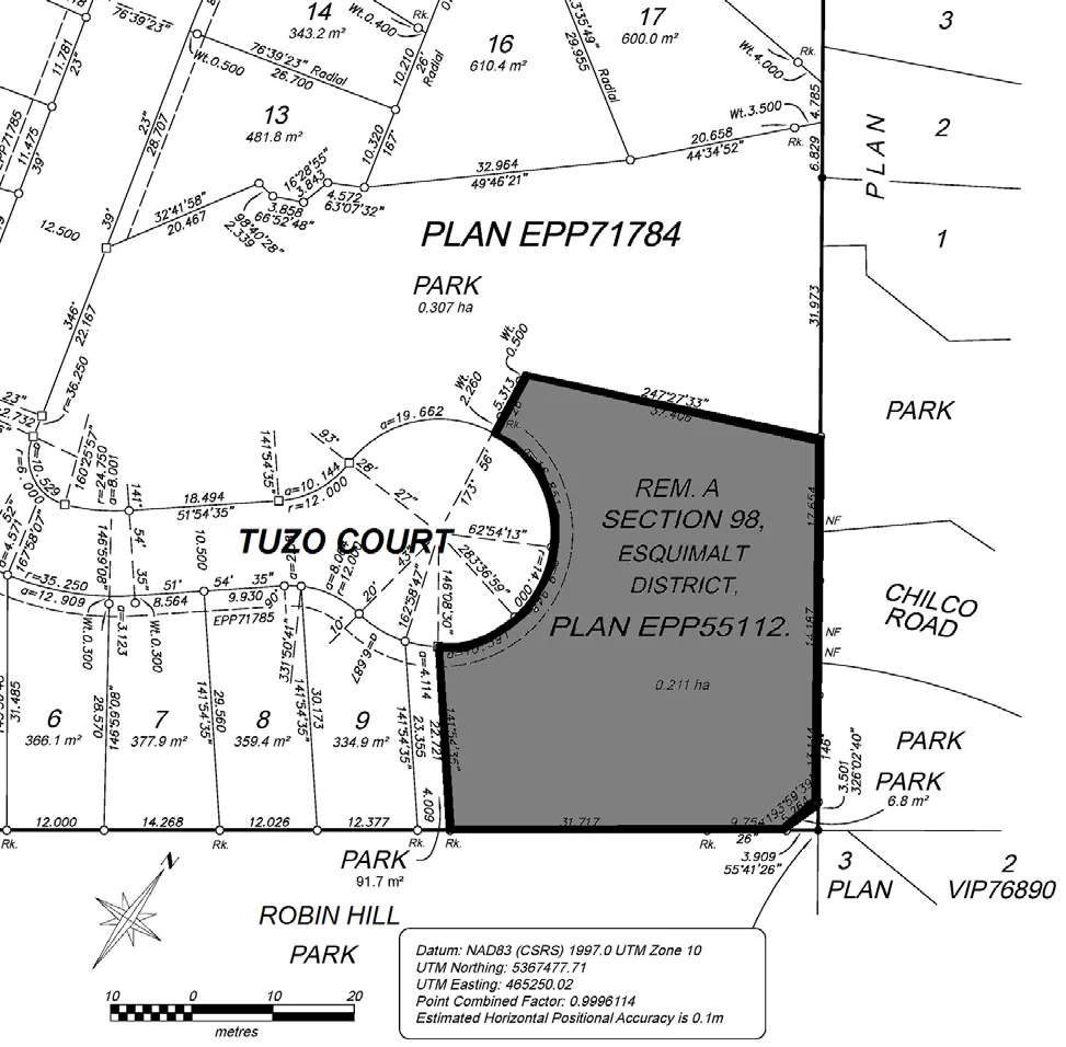 Sketch plan showing the land use designation amendment area for Remainder Lot A, Section 98, Esquimalt District, Plan EPP55112 on Tuzo Court