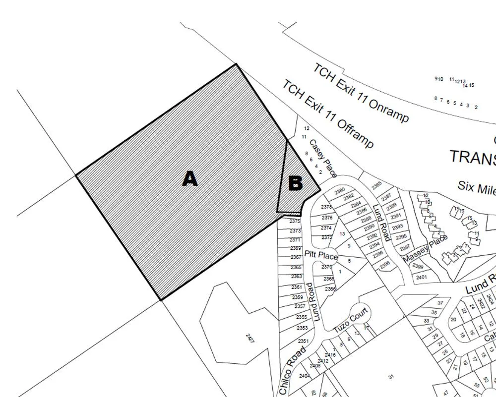 Map illustrating land use designation changes for areas A and B situated adjacent to TCH Exit 11 Onramp/Offramp, Casey Place, and Lund Road