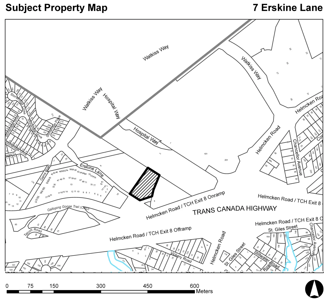 Subject Property Map of 7 Erskine Lane highlighting the lot relative to Erskine Lane, Hospital Way, Watkiss Way, and the Trans Canada Highway.