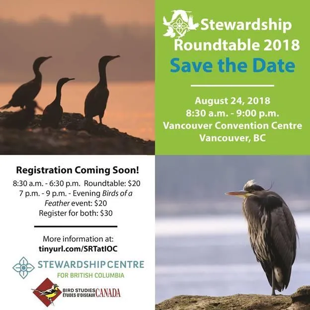 Promotional graphic for the Stewardship Roundtable 2018 featuring bird silhouettes at sunset, registration details, and a photo of a heron.
