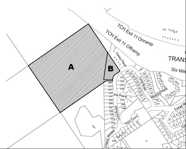 Sketch plan showing the boundaries for rezoning Area A and Area B, located adjacent to the TCH Exit 11 Onramp and Offramp and near Lund Road, Chilco Road, and Casey Place.