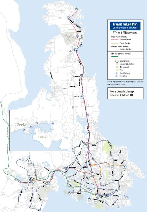 Transit Future Plan 25 year transit network map showing RTN and FTN corridors, regional centers, educational institutions, and park & ride locations
