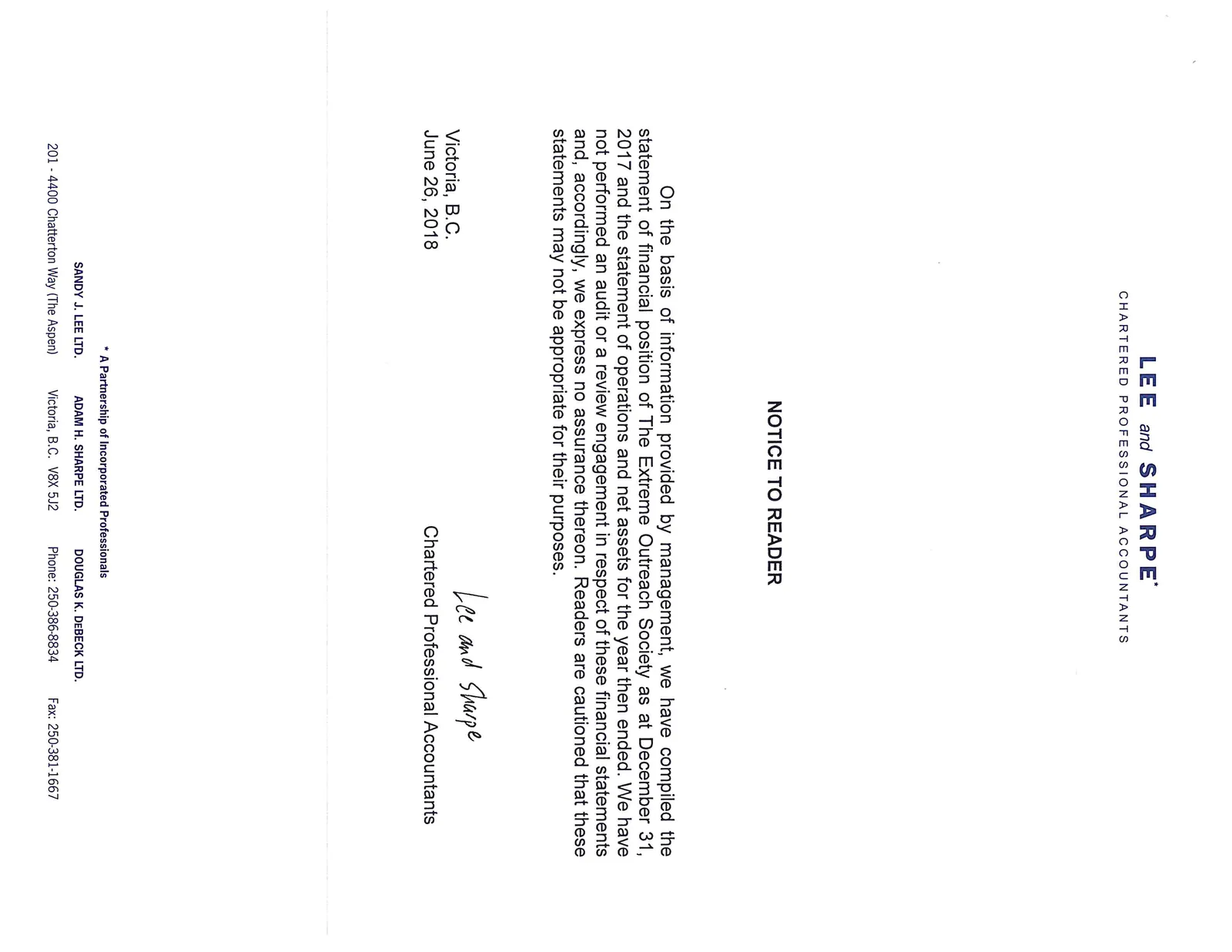 Notice to Reader from Lee and Sharpe Chartered Professional Accountants