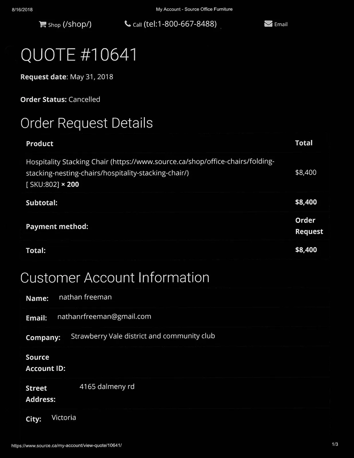 Cancelled quote details from Source Office Furniture for hospitality stacking chairs
