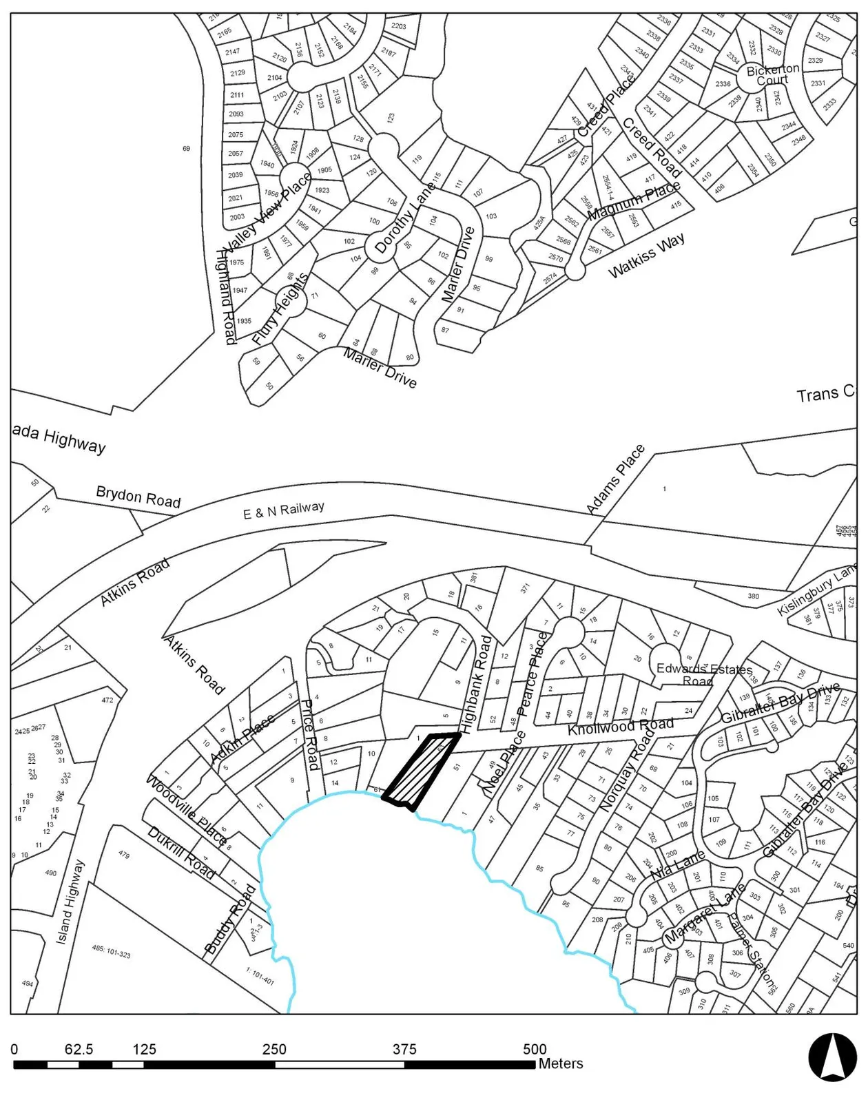 Subject property map showing the lot at 53 Knollwood Road highlighted with diagonal hatching. The map displays the surrounding residential streets, including Highbank Road, Noel Place, Price Road, and Atkins Road, and shows the property's proximity to a shoreline.