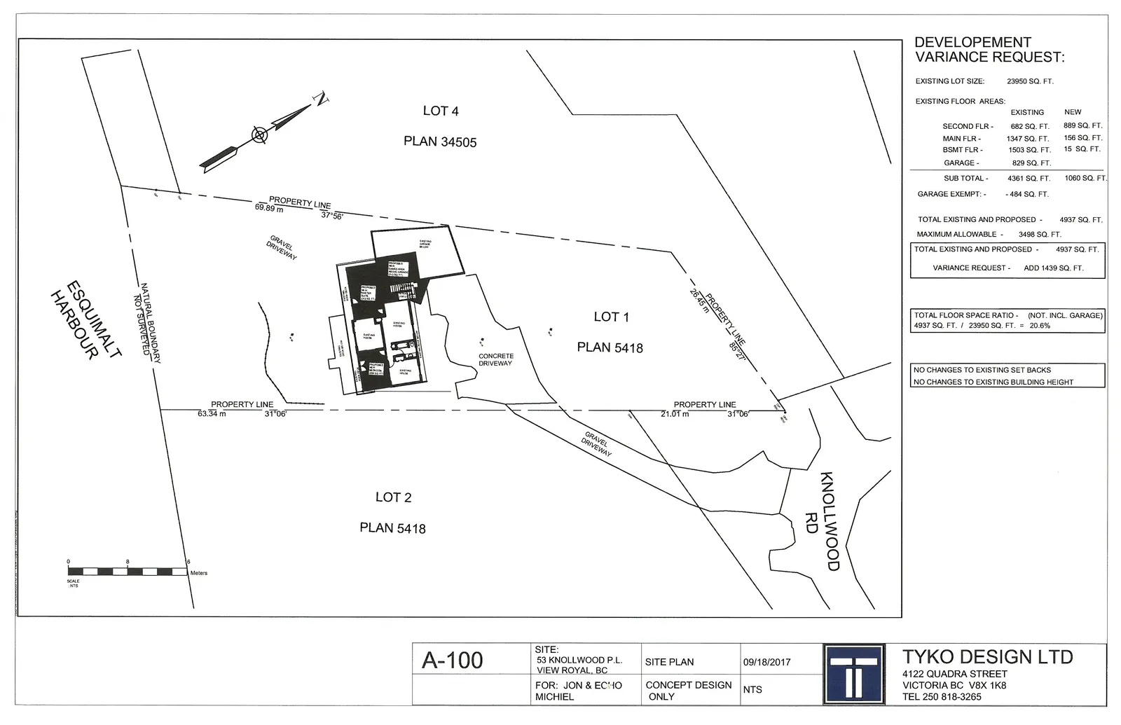 Site plan for 53 Knollwood P.L. showing property lines for Lot 1, Lot 2, and Lot 4, existing and proposed building footprints, driveways, and proximity to Esquimalt Harbour.