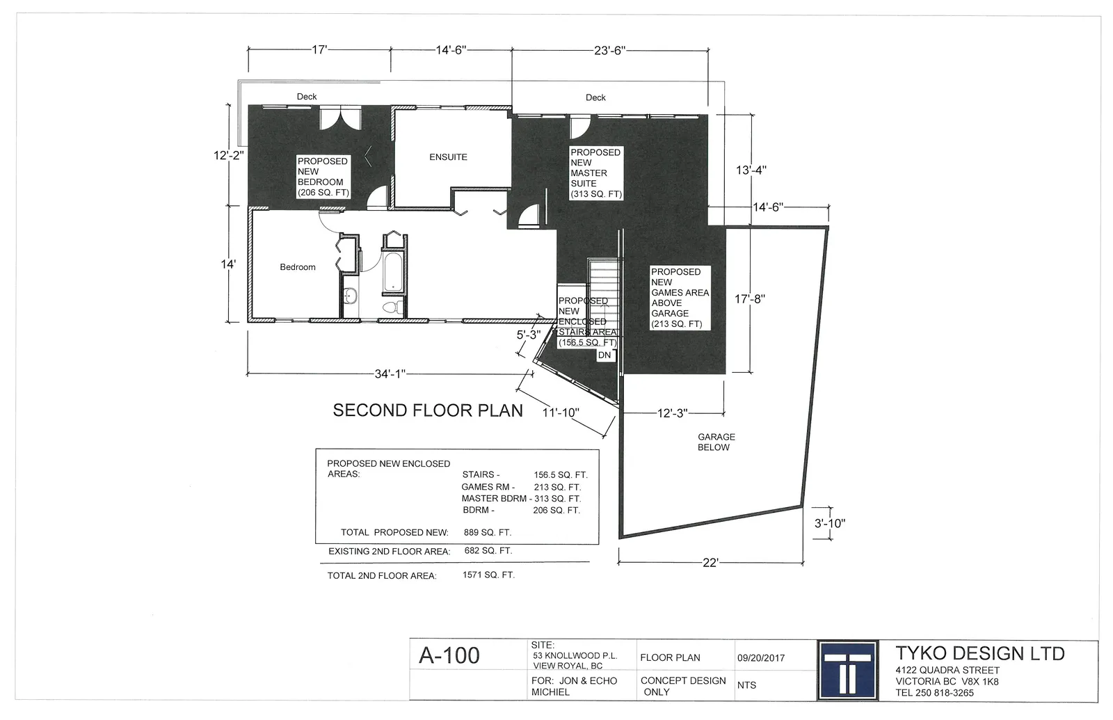 Architectural drawing titled "SECOND FLOOR PLAN" for a residential property, showing existing structures and proposed new enclosed areas with specific dimensions and square footage calculations.