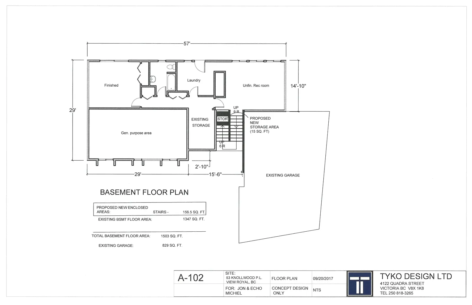 Architectural basement floor plan showing existing layout including finished areas, laundry, general purpose area, and unfinished rec room, along with a proposed new storage area and stairs leading to the existing garage.
