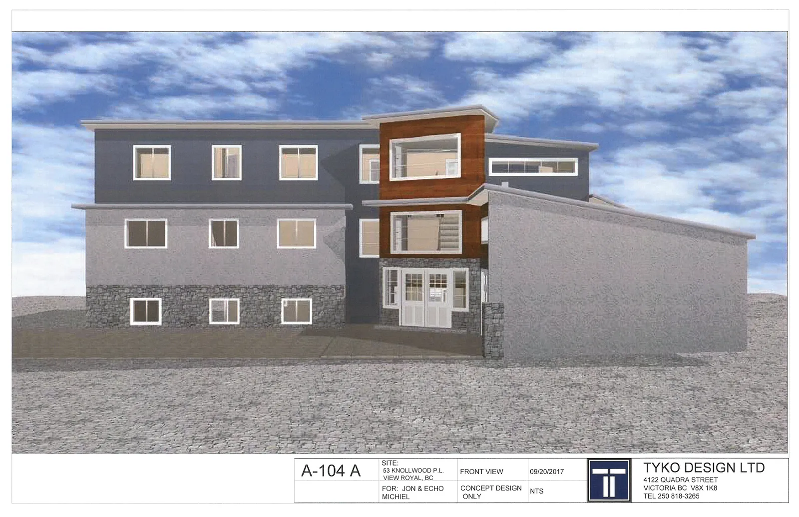Architectural rendering of the front view of a multi-story residential building with grey siding, a stone-veneer foundation, and a vertical wood-finished accent feature.