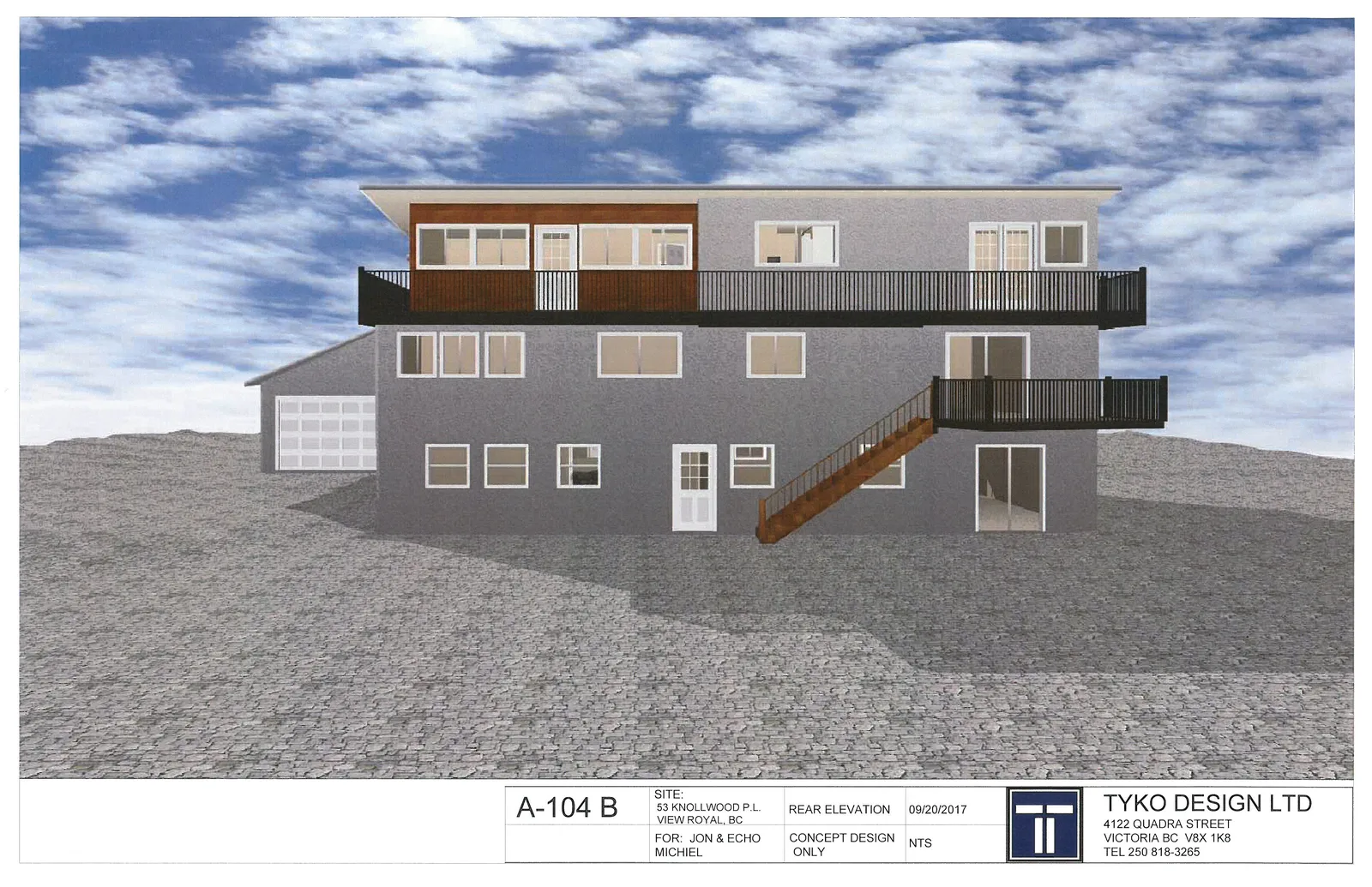 Rear elevation architectural rendering of a three-story residential building with grey siding, wooden balcony accents, an external staircase, and a detached garage to the left.