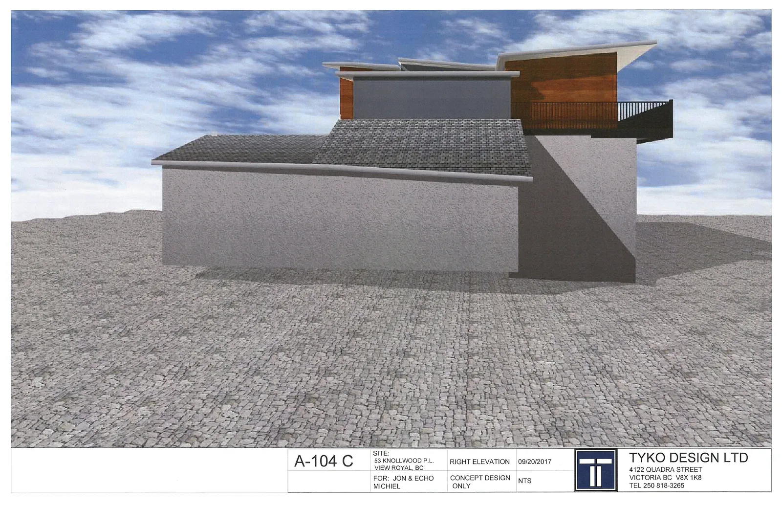 3D architectural rendering of the right elevation for a modern residential design at 53 Knollwood P.L., featuring varied rooflines, wood accents, and grey siding.