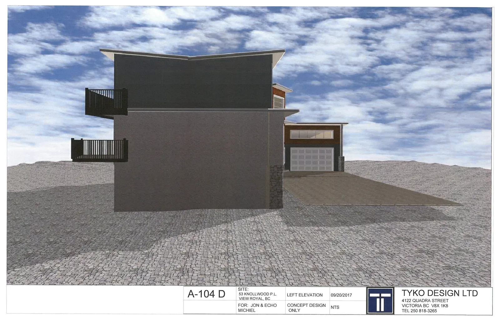Architectural concept rendering of the left elevation for a residential project, featuring dark grey exterior walls, two stacked balconies with black railings, and a driveway area leading toward a garage in the background.