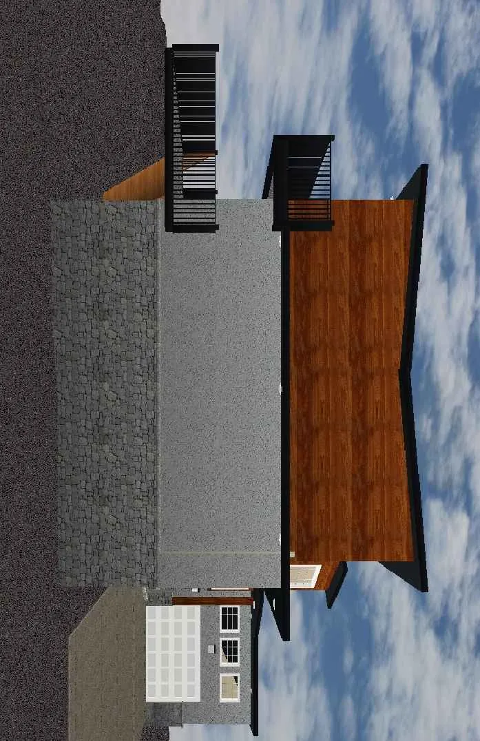 Architectural rendering of the building elevation showing stone, stucco, and wood-cladding finishes with height level indicators