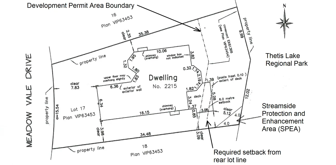 Figure 2. Site Plan showing the dwelling, property lines, development permit area boundary, and the required setback from the rear lot line