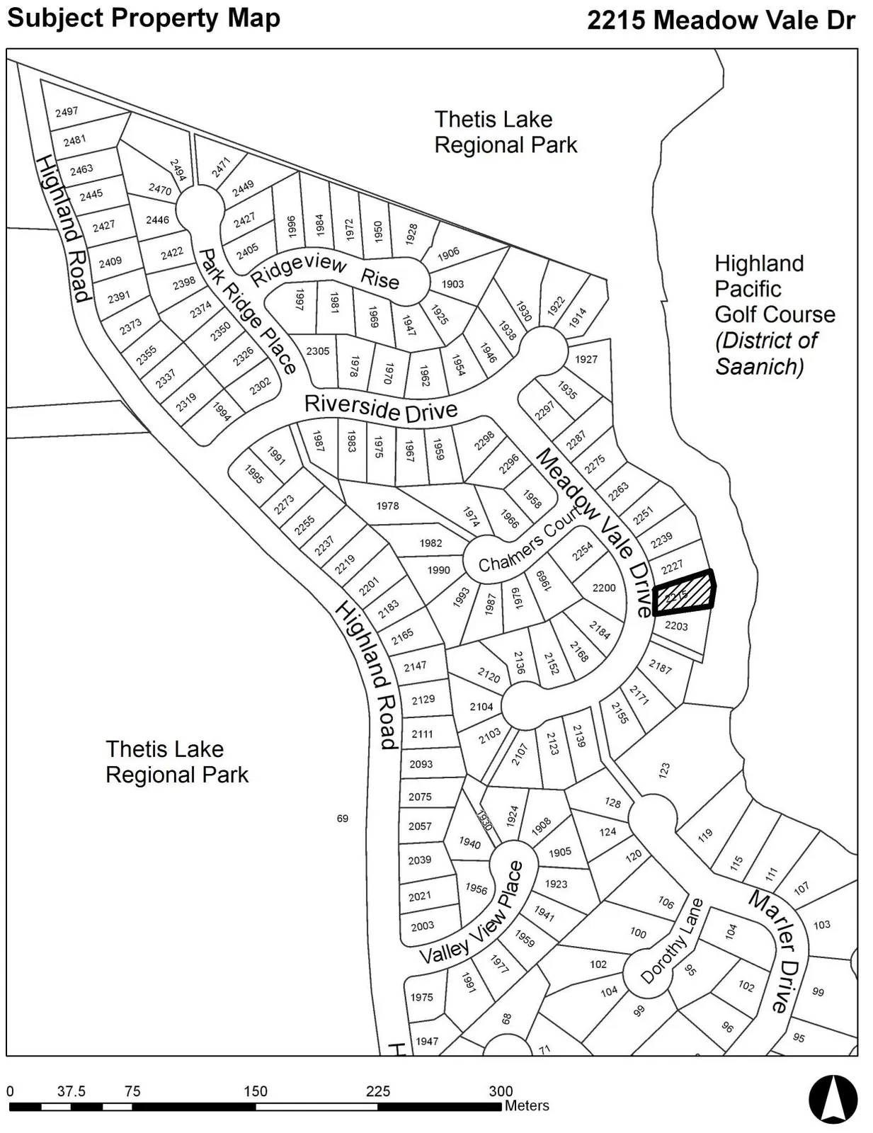 Subject property map showing the development site at 2215 Meadow Vale Drive and surrounding residential lots, including Highland Road, Riverside Drive, and Valley View Place, bordered by Thetis Lake Regional Park and Highland Pacific Golf Course.