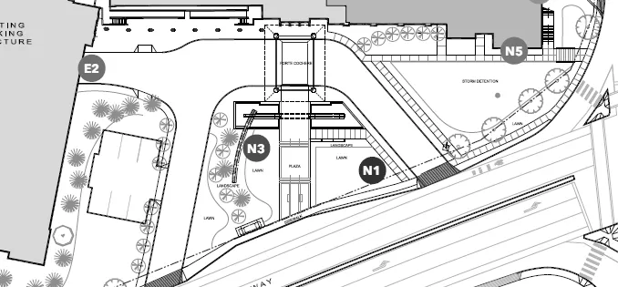 Site plan showing location of Sign N1 near the entrance