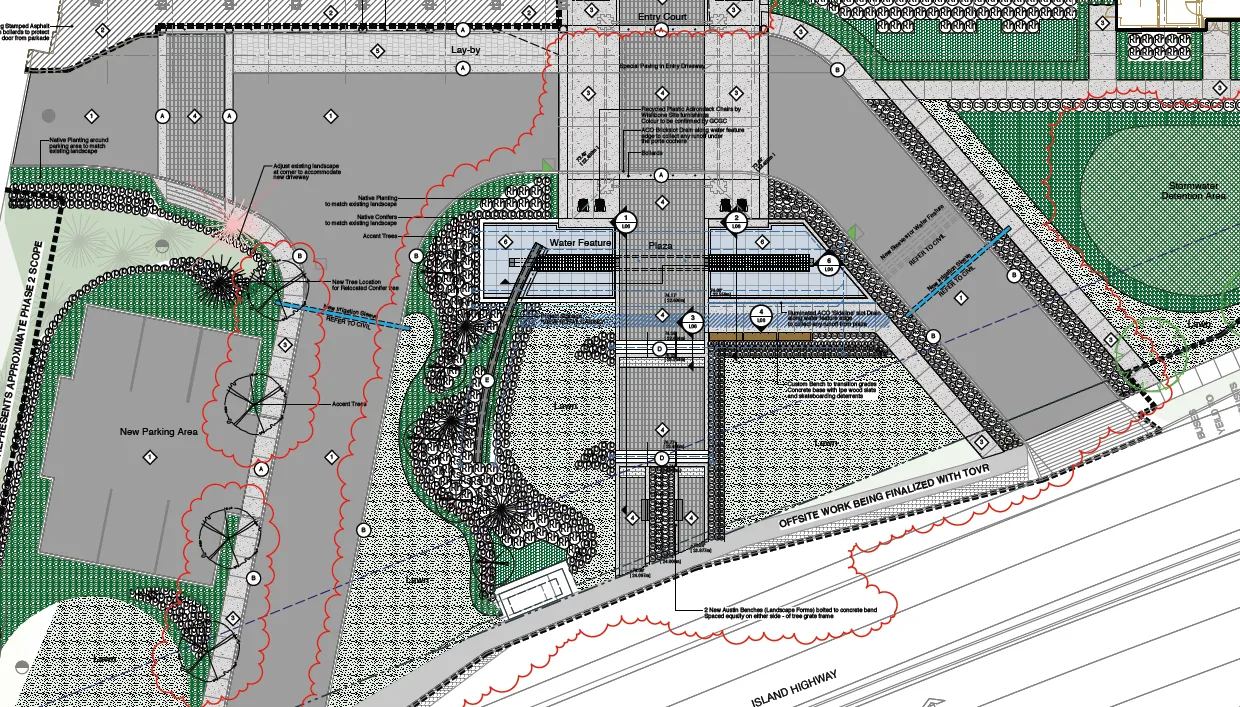 Map of proposed plan showing redesigned water feature and pedestrian access