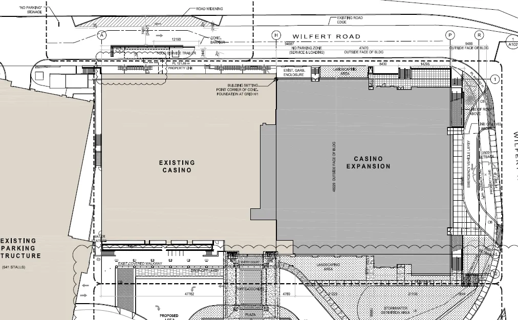 Site plan showing existing casino and expansion area with new and old smoking patio locations