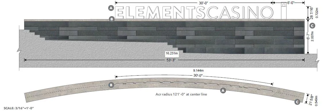 Rendering and dimensions of Sign N3 - Freestanding Sign integrated with stone wall