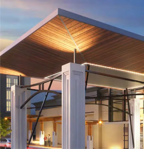 Close-up architectural rendering of the main entrance and porte-cochere.