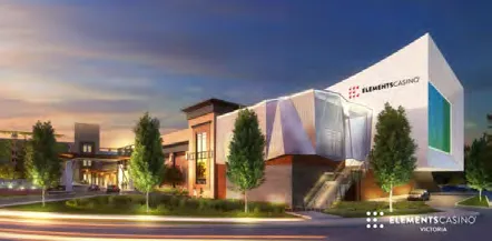 Close-up rendering of a building corner with the "Elements Casino" channel letter sign.