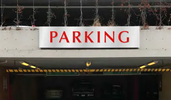 Rendering of the proposed design for the E2 east parkade entrance with red lettering.