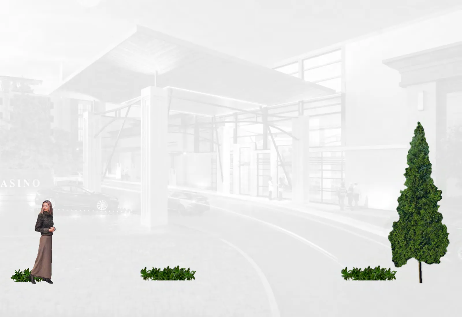 Rendering of the proposed design for the E1 north parkade entrance with red lettering.