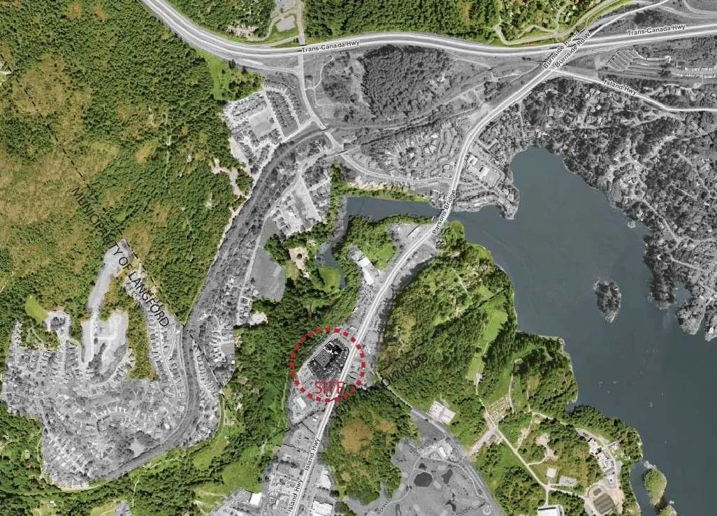 Aerial site context map showing the casino site location and surrounding municipalities including View Royal and Langford.
