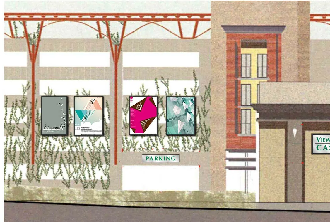 Rendering of proposed decorative art screens and posters on the parking structure facade.