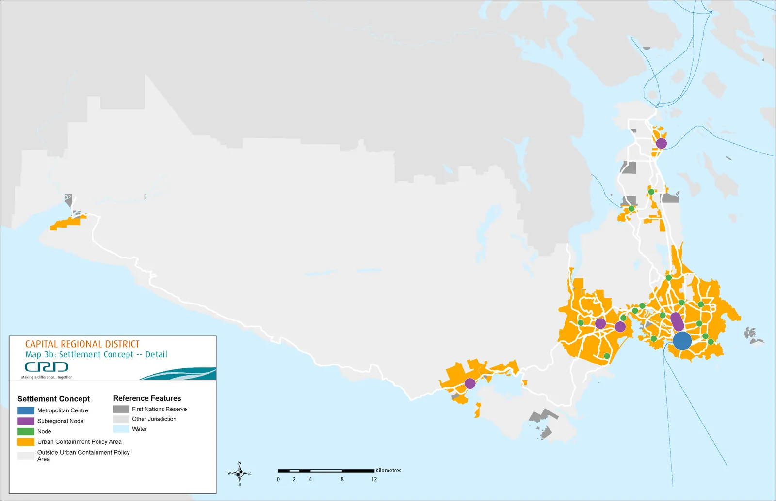 Map 3(b): Settlement Concept – Detail, showing the location of the Metropolitan Centre, Subregional Nodes, and Nodes within the Urban Containment Policy Area of the Capital Regional District.