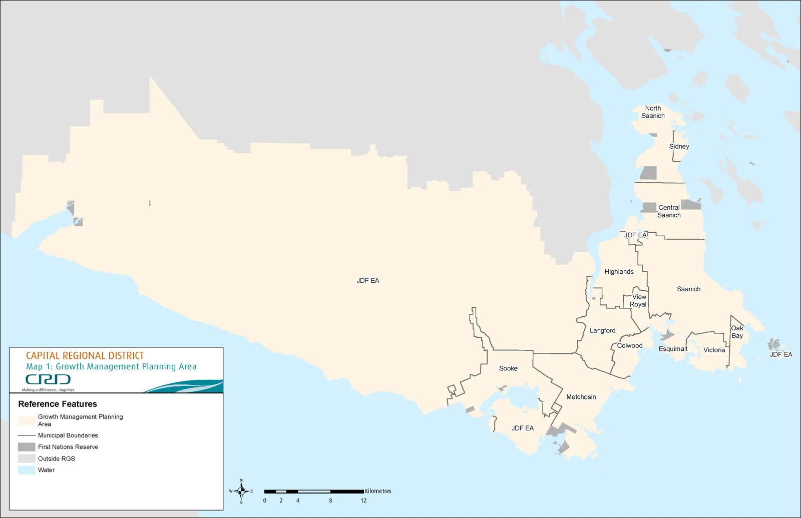 Map 1: Growth Management Planning Area showing the boundaries of the Capital Regional District, including the Juan de Fuca (JDF) Electoral Area, Sooke, Metchosin, Langford, Colwood, Highlands, View Royal, Esquimalt, Victoria, Oak Bay, Saanich, Central Saanich, North Saanich, and Sidney.