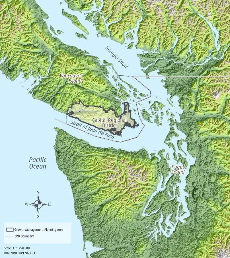Topographic map of the Salish Sea region showing the Capital Regional District boundary, Vancouver Island, Georgia Strait, Strait of Juan de Fuca, and Puget Sound