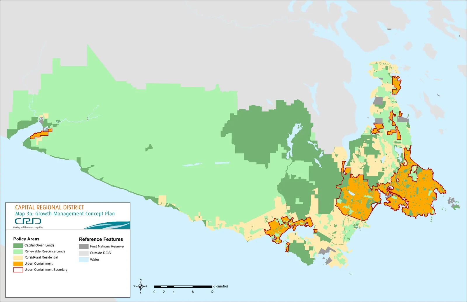 Map 3a: Growth Management Concept Plan for the Capital Regional District showing policy areas including Capital Green Lands, Renewable Resource Lands, Rural/Rural Residential, and the Urban Containment Boundary.