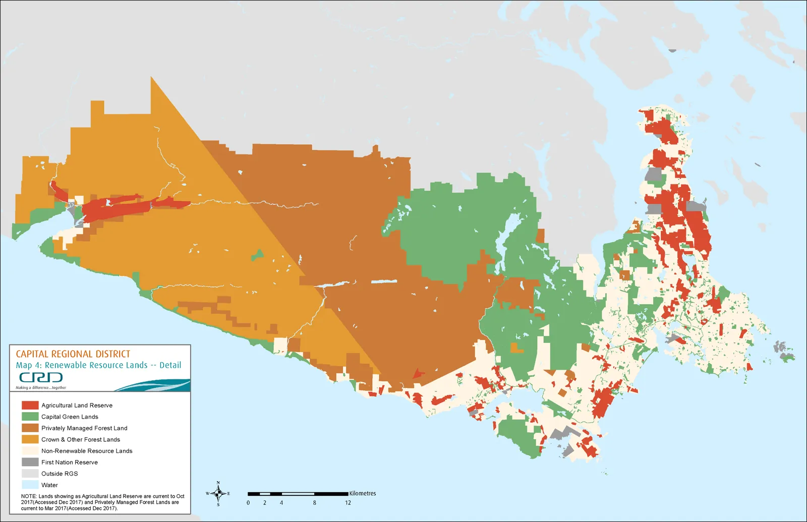 Map 4: Renewable Resource Lands - Detail showing Agricultural Land Reserve, Capital Green Lands, Privately Managed Forest Land, Crown & Other Forest Lands, and Non-Renewable Resource Lands.