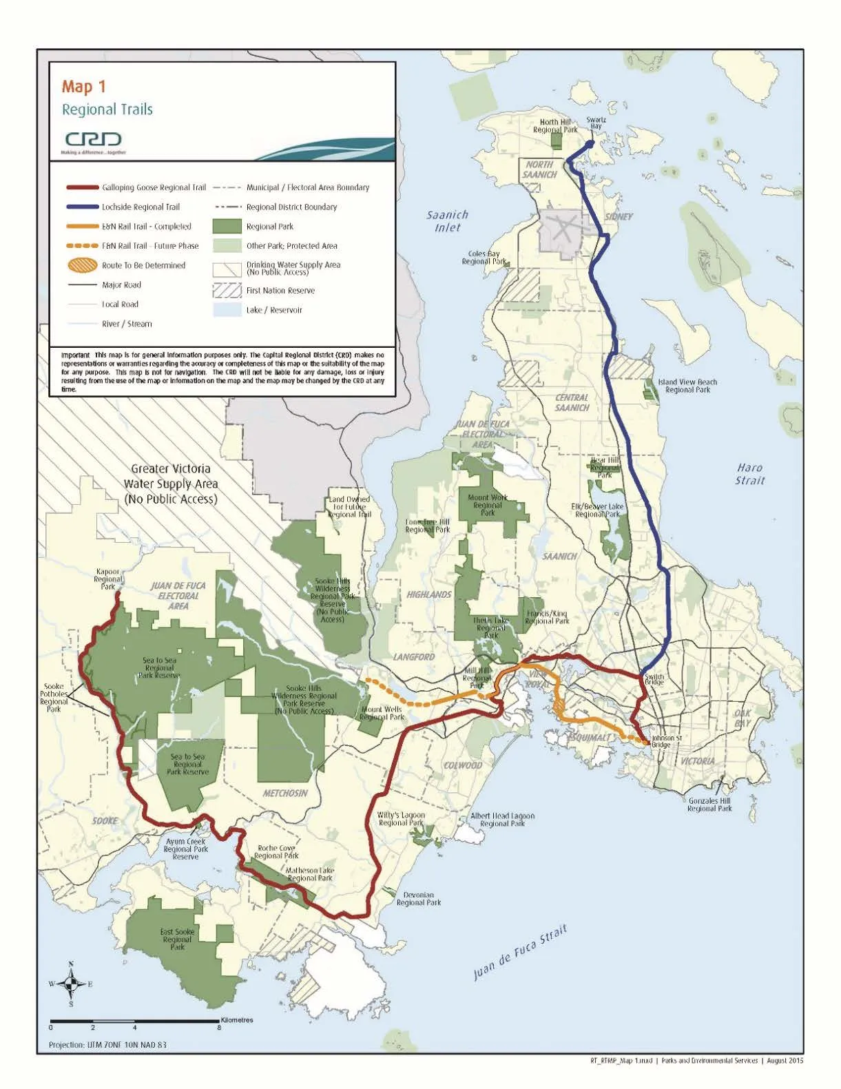 Map 1 titled "Regional Trails" showing the regional trail network in the Capital Regional District, including the Galloping Goose, Lochside, and E&N Rail Trails.