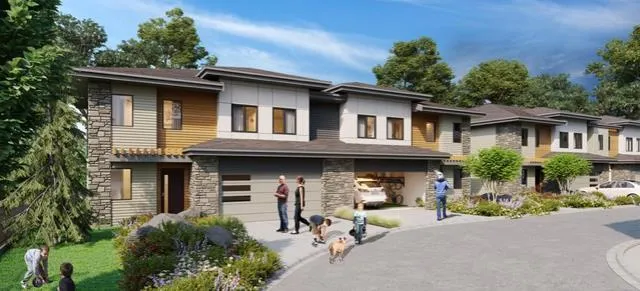 Rendering of modern townhouses with stone and wood accents, featuring people and a car in a driveway