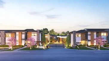Wide-angle rendering of a townhouse development at dusk