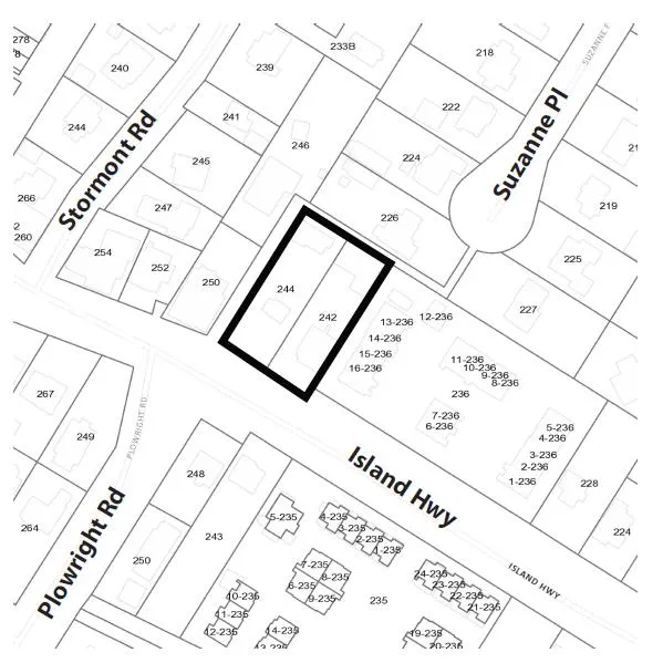 Sketch plan map showing the rezoning area for 242 and 244 Island Highway outlined in a bold black border