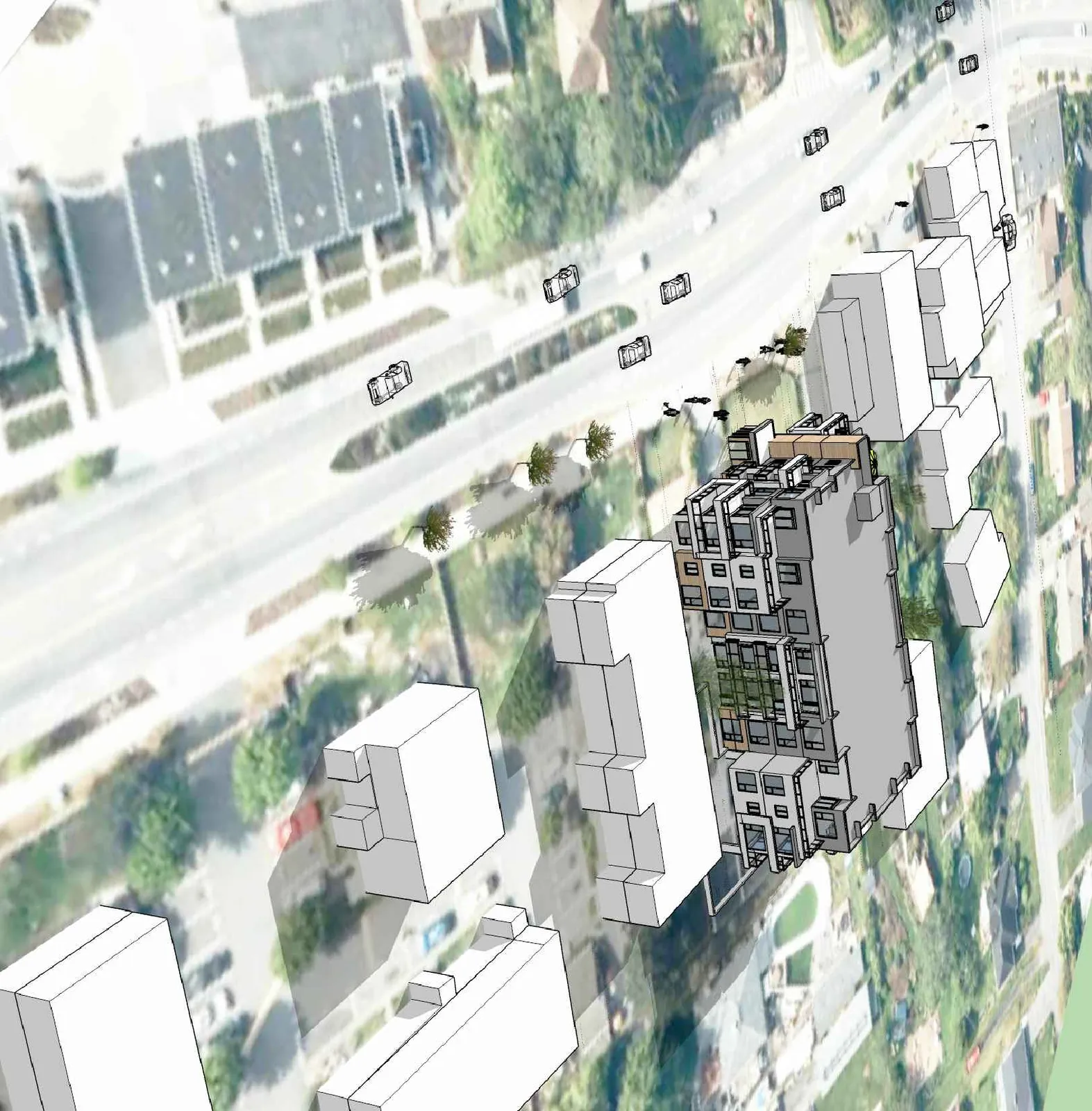 3D perspective view from street level on Island Highway looking north-west