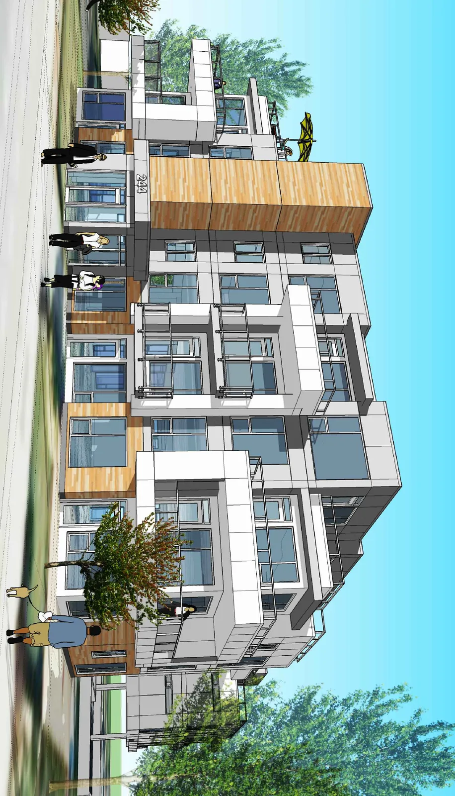 Close-up 3D rendering of the building's exterior architectural detailing and balconies