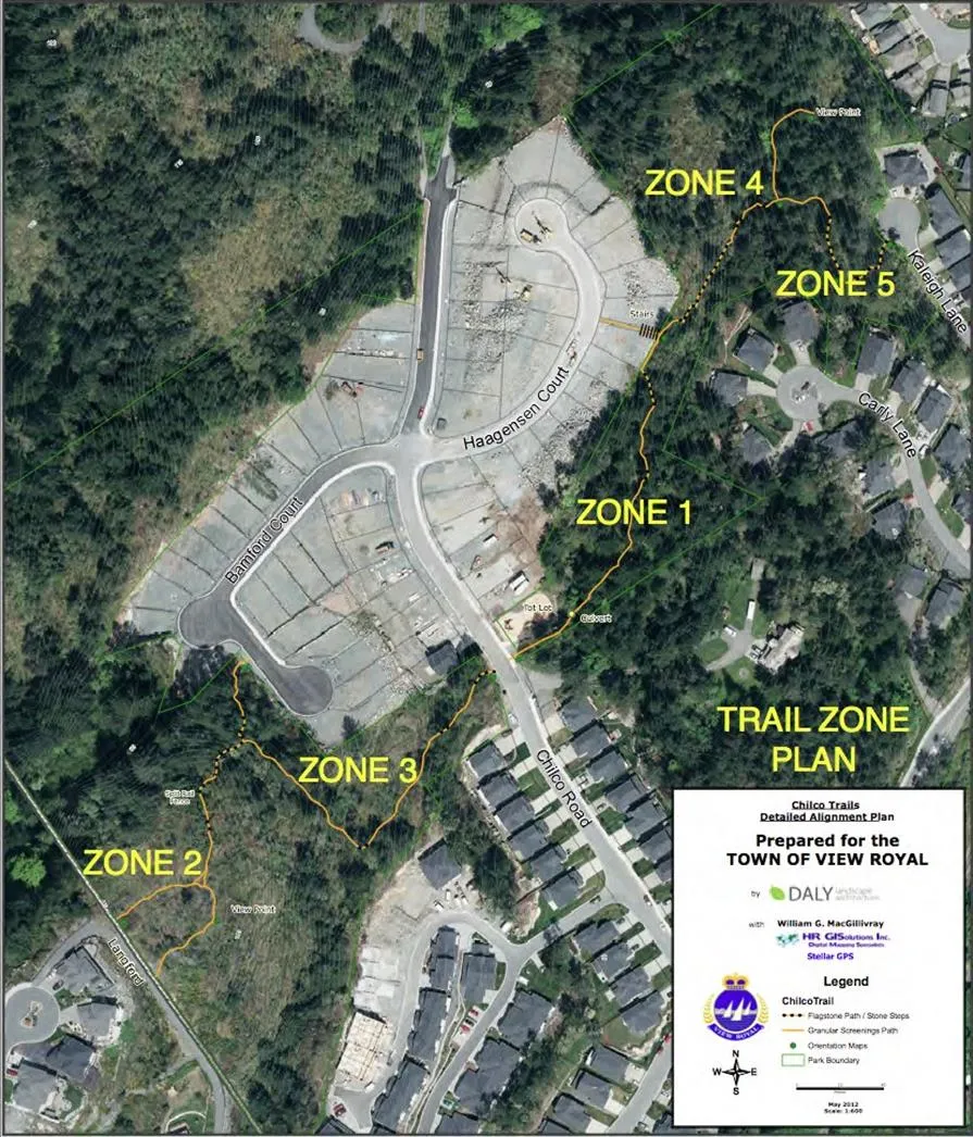 Chilco Trails Detailed Alignment Plan map showing five designated zones (Zone 1 through Zone 5) and proposed trail segments in the vicinity of Bamford Court, Haagensen Court, and Chilco Road.