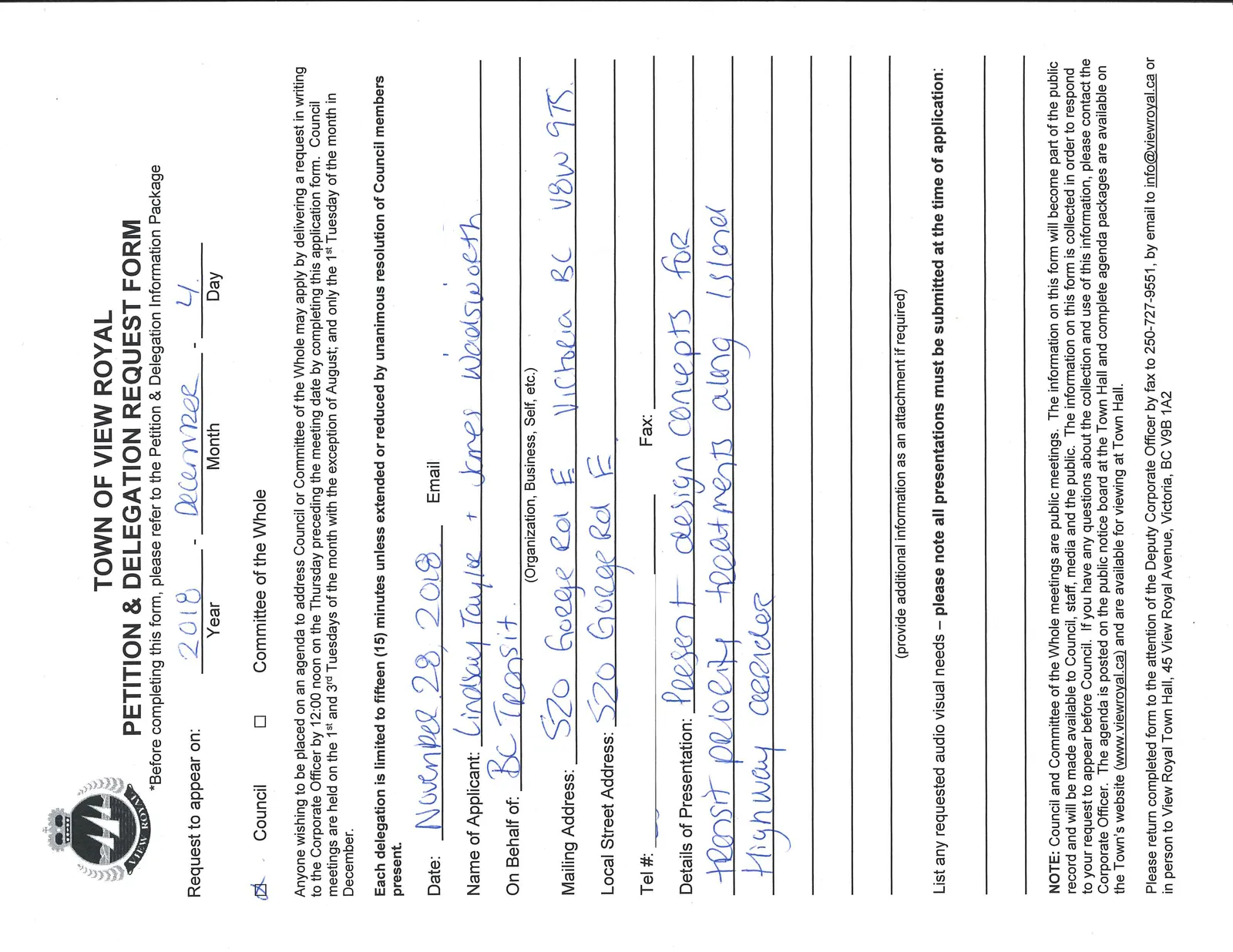 Town of View Royal Petition & Delegation Request Form