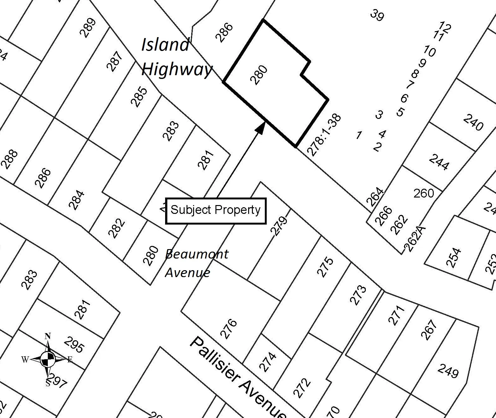 A cadastral map illustrating property boundaries and lot numbers. The "Subject Property" is identified as lot 280 on Island Highway, highlighted with a thick black border and an arrow pointing to it. Surrounding streets include Island Highway, Beaumont Avenue, and Pallisier Avenue.