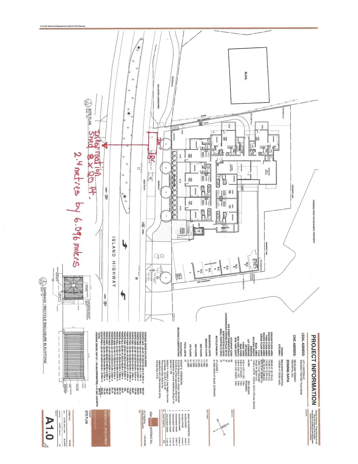 Site Plan for 280 Island Highway including project information and architectural drawings