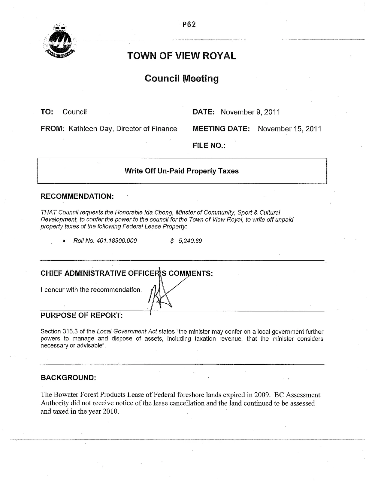 Council Report for Write Off Un-Paid Property Taxes, page 1